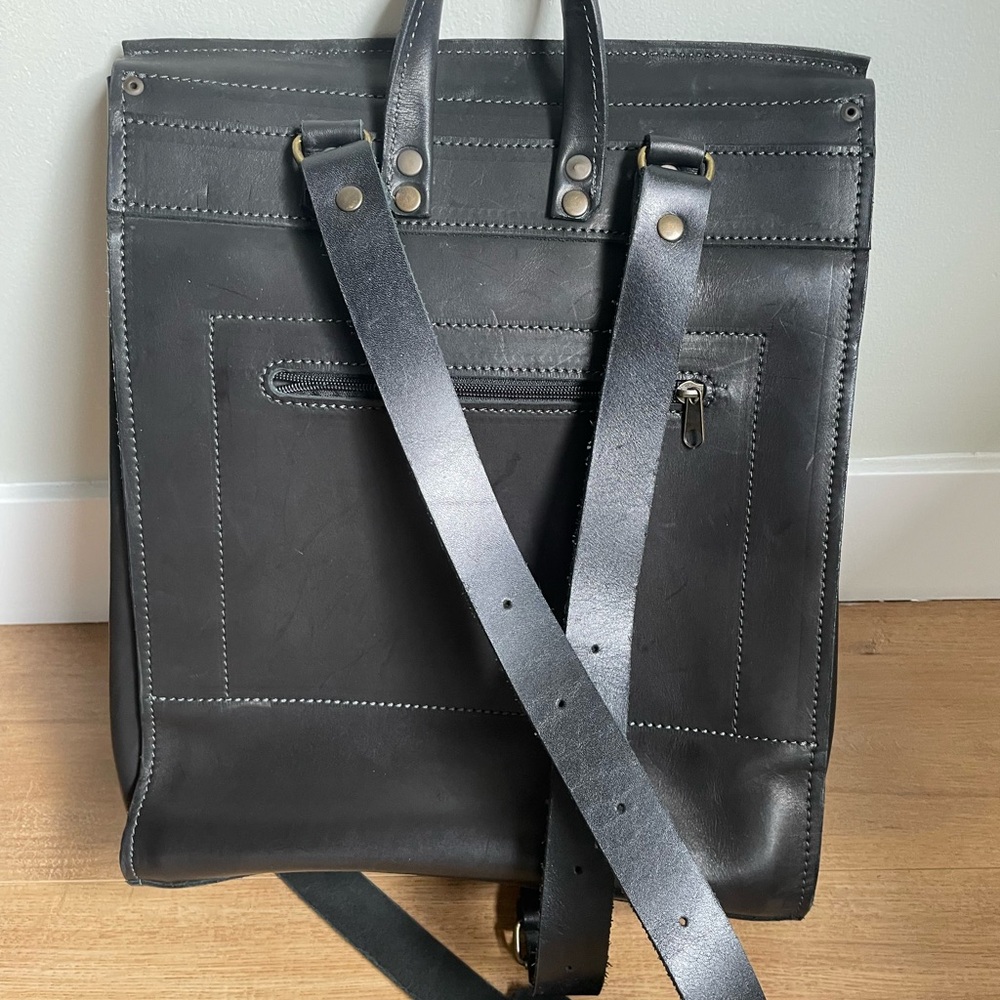Diržas Handmade Genuine Leather Backpack Black Minimalist - Picture 3 of 10